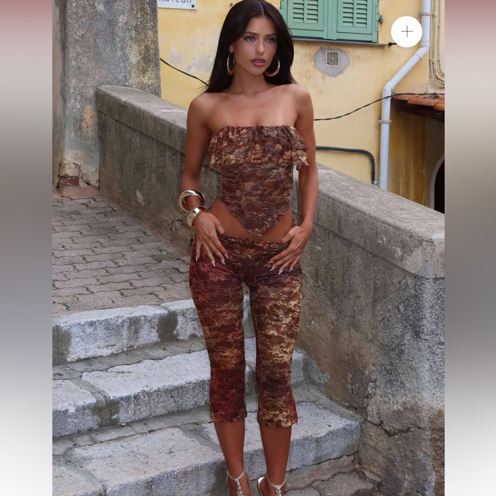 Brown Tie-Dye Strapless Crop Top & Capri Pants Set